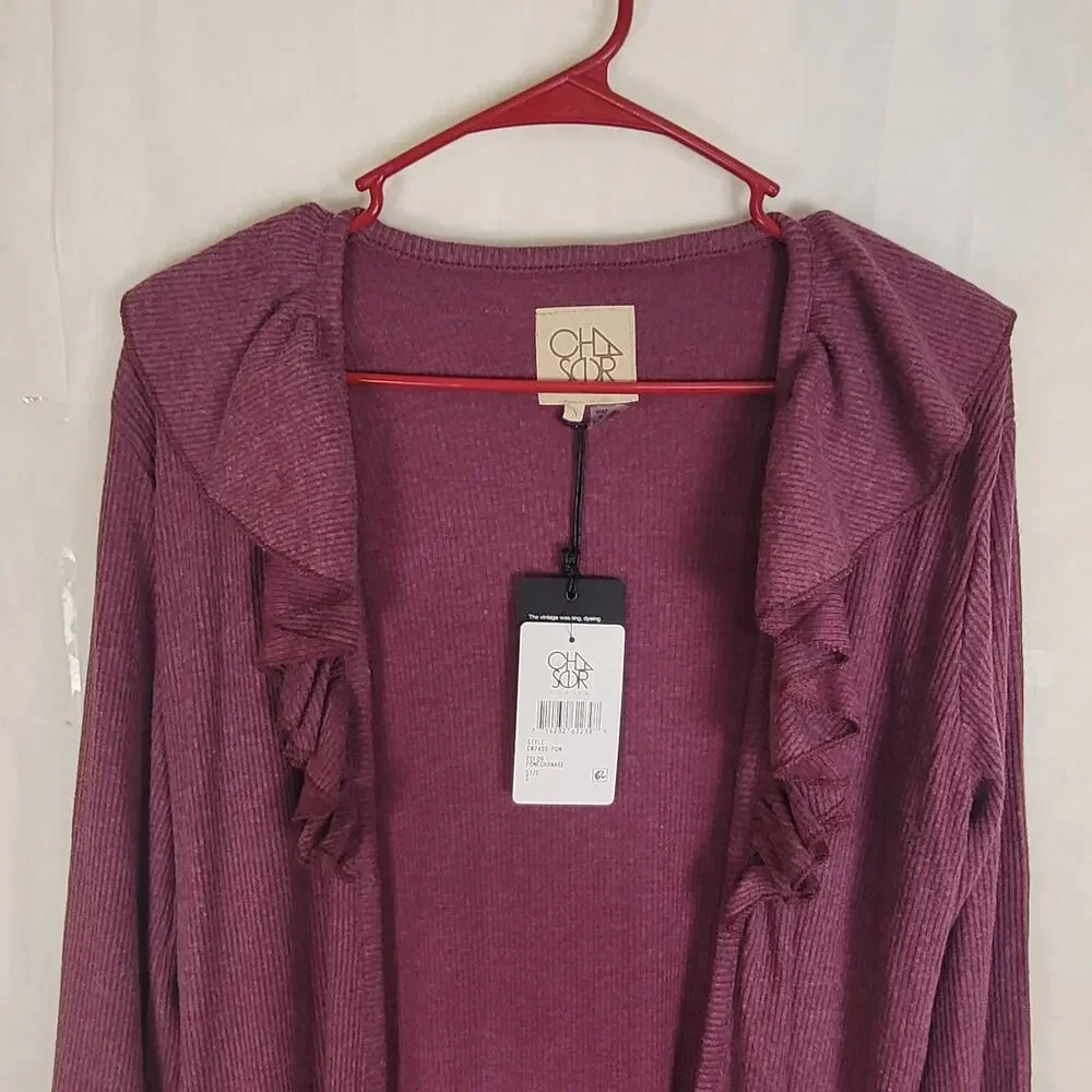 New Chaser pomegranate purple ruffled open front duster cardigan Size Small Boho